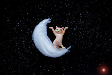 Obraz na płótnie Canvas Funny toy ginger cat sits on the moon made of white powder. Black background. The concept of infinity of space, predictions of the future and fortune-telling on the lunar cat