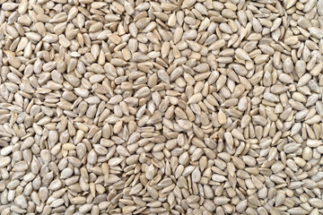 Heap of peeled sunflower seeds on the table. Close-up. Top view.