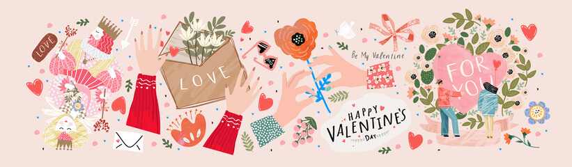 Valentine's day, February 14. Vector illustrations of love, couple, heart, valentine, king, queen, hands, flowers. Drawings for postcard, card, congratulations and poster. - obrazy, fototapety, plakaty
