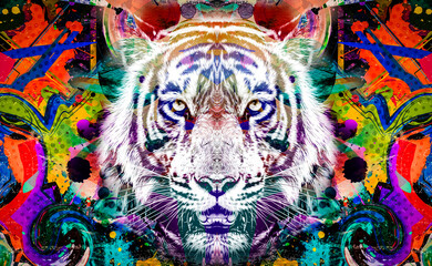 Tiger head with colorful creative abstract elements on bright background