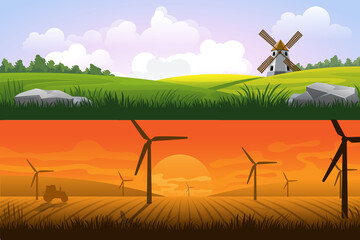 Windmills. Set of two vector wide banners.