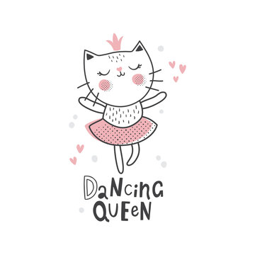 vector ballerina cat and lettering text card