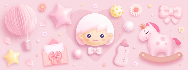 Baby girl shower set. Realistic vector illustration of cartoon baby girl, hot air balloon, helium balloons, toys and flowers isolated on pink background