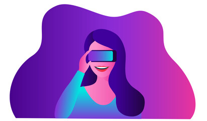 Metaverse digital virtual reality and augmented reality technology, woman wearing virtual reality headset glasses connecting to virtual space vector illustration
