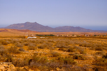 Landscape view with red volcanic earth in the center of the Canary Island of Fuerteventura