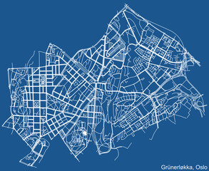 Detailed technical drawing navigation urban street roads map on blue background of the quarter Grünerløkka Borough of the Norwegian capital city of Oslo, Norway