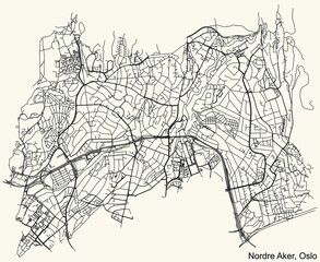 Detailed navigation urban street roads map on vintage beige background of the quarter Nordre Aker Borough of the Norwegian capital city of Oslo, Norway