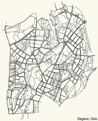 Detailed navigation urban street roads map on vintage beige background of the quarter Sagene Borough of the Norwegian capital city of Oslo, Norway