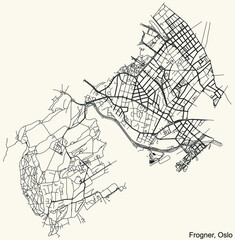 Detailed navigation urban street roads map on vintage beige background of the quarter Frogner Borough of the Norwegian capital city of Oslo, Norway