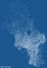Detailed technical drawing navigation urban street roads map on blue background of Norwegian capital city of Oslo, Norway