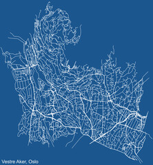 Detailed technical drawing navigation urban street roads map on blue background of the quarter Vestre Aker Borough of the Norwegian capital city of Oslo, Norway