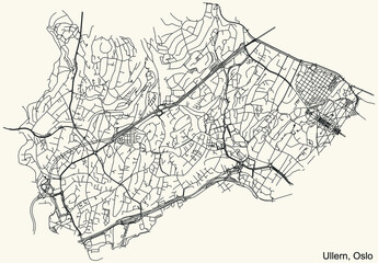 Detailed navigation urban street roads map on vintage beige background of the quarter Ullern Borough of the Norwegian capital city of Oslo, Norway