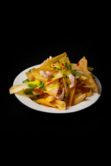 Delicious Contemporary Classic Food Dish Plate Menu Lunch Dinner Gourmet Dessert Chef Pasta Shrimp Cocktail Drink on Dark Background