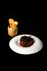 Delicious Contemporary Classic Food Dish Plate Menu Lunch Dinner Gourmet Dessert Chef Pasta Shrimp Cocktail Drink on Dark Background