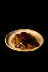 Delicious Contemporary Classic Food Dish Plate Menu Lunch Dinner Gourmet Dessert Chef Pasta Shrimp Cocktail Drink on Dark Background