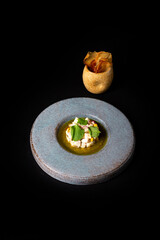 Delicious Contemporary Classic Food Dish Plate Menu Lunch Dinner Gourmet Dessert Chef Pasta Shrimp Cocktail Drink on Dark Background