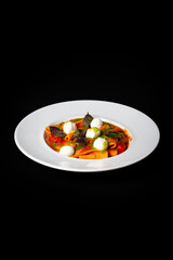 Delicious Contemporary Classic Food Dish Plate Menu Lunch Dinner Gourmet Dessert Chef Pasta Shrimp Cocktail Drink on Dark Background