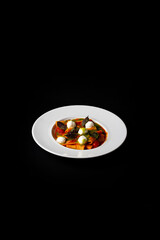 Delicious Contemporary Classic Food Dish Plate Menu Lunch Dinner Gourmet Dessert Chef Pasta Shrimp Cocktail Drink on Dark Background