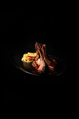 Delicious Contemporary Classic Food Dish Plate Menu Lunch Dinner Gourmet Dessert Chef Pasta Shrimp Cocktail Drink on Dark Background