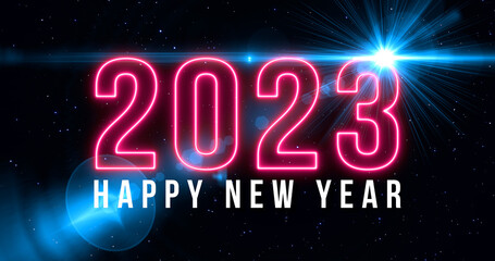 Motion of happy new year on star space wiggle background pattern. New year 2023 fire line celebration on star movement abstract backgrounds