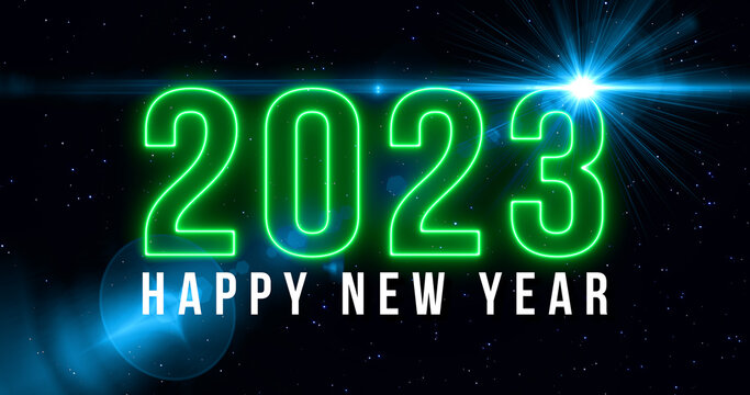 Motion of happy new year on star space wiggle background pattern. New year 2023 fire line celebration on star movement abstract backgrounds