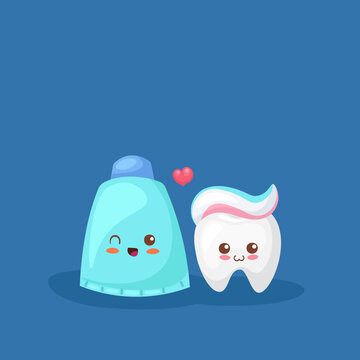 Cute happy little white tooth with colorful toothpaste. Healthy teeth concept. Cartoon vector illustration. Use for children poster, fabric print, card. Adorable comic oral hygiene design elements.
