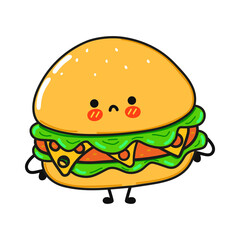 Cute sad hamburger character. Vector hand drawn cartoon kawaii character illustration icon. Isolated on white background. Hamburger character concept