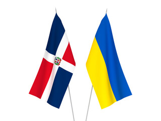 National fabric flags of Ukraine and Dominican Republic isolated on white background. 3d rendering illustration.