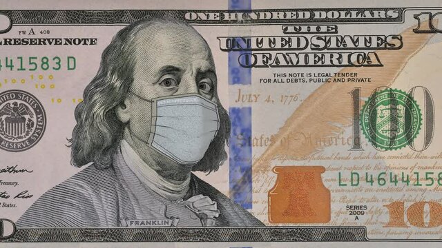 Ben Franklin in doctor mask winks at us from the 100 dollar bill. Funny character animation of the United States money.