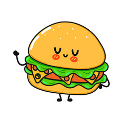 Cute funny hamburger character. Vector hand drawn cartoon kawaii character illustration icon. Isolated on white background. Hamburger character concept