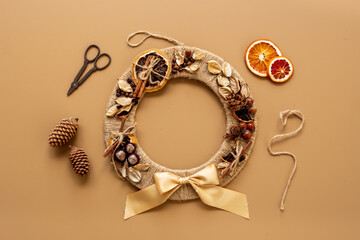 Handmade Christmas wreath. New year decoration background