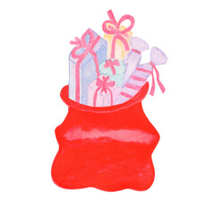red christmas sack with gifts from Santa Claus watercolor on white background