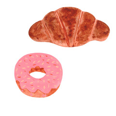 watercolor donut with pink fondant and croissant hand drawn