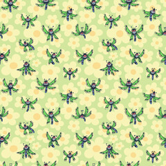 Vector seamless pattern. Ornament with insects and flowers. Design print for textile, fabric, wallpaper, background.