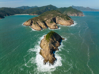 Drone fly over sea and island in Hong Kong