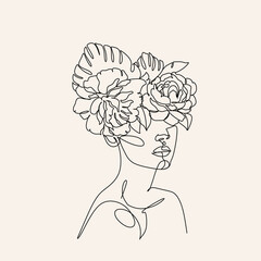 Elegant Line Art Woman with Flower on her Head. Minimalist Floral Feminine logo