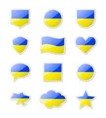 Ukraine - set of country flags in the form of stickers of various shapes.