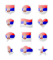 Serbia - set of country flags in the form of stickers of various shapes.