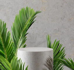 Minimal concrete podium display surrounding with palm leaves. Abstract background. 3D render. 3D illustration.