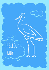 Hello baby blue postcard with linear glyph icon. Expecting baby birth. Greeting card with decorative vector design. Simple style poster with creative lineart illustration. Flyer with holiday wish