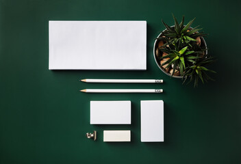 Branding stationery mockup on green background. Blank objects for placing your design. Flat lay.