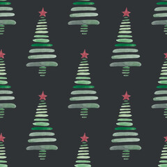 Seamless Christmas trees background with decorative watercolor trees colorful pattern Design illustration. Happy New Year.
