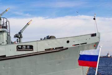 Water cannons aboard on fire rescue boat in Kronstadt, Russia.
