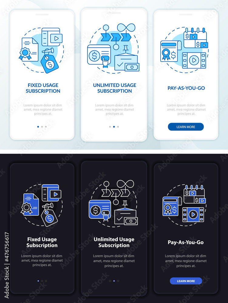 Poster types of subscription night, day mode onboarding mobile app screen. walkthrough 3 steps graphic inst