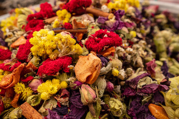 Various dried herbs. Colorful winter herb tea. Colorful herb backgorund. Macro shotting.