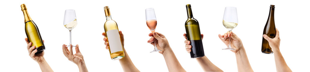 Collage of hands holding various wine bottles and wine glasses isolated over white background