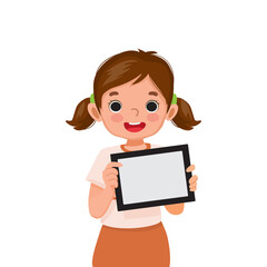 cute little girl holding digital tablet with empty screen or copy space for texts, messages and advertising content. Kids and electronic gadget devices concept for children