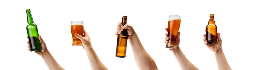 Collage of male hands holding different alcohol glasses and bottles isolated over white background