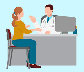 Male doctor is sitting at a table. Woman is sitting on a chair. Girl at a doctor's appointment. Doctor talking to patient. Flat vector cartoon illustration isolated on blue background.