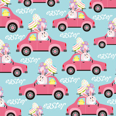 pattern with bunny and eggs in the car for easter card, gift wrap